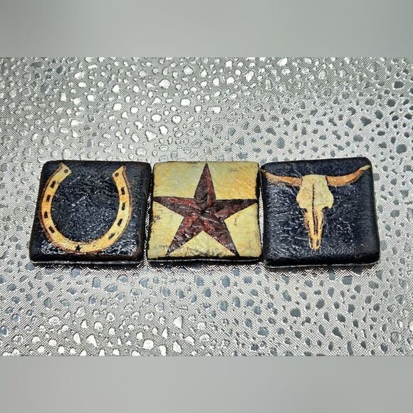 "5/$25" Set Of 3 Handmade Clay Western Fridge Magnets Horse Shoe, Star, Bull - Picture 1 of 4